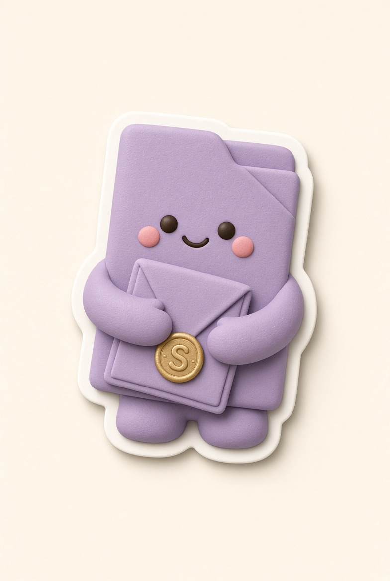 A smiling lavender folder holding a neatly sealed handoff packet.